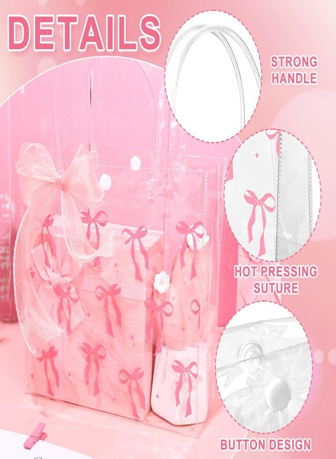 JarThenaAMCS 24Pcs Clear Pink Gift Bags with Handles Coquette Pink Bow PVC Party Goodie Favor Bag with Ribbon Reusable Plastic Bowtie Tote Retail Shopping Treat Bag for Birthday Party Favor - Image 3